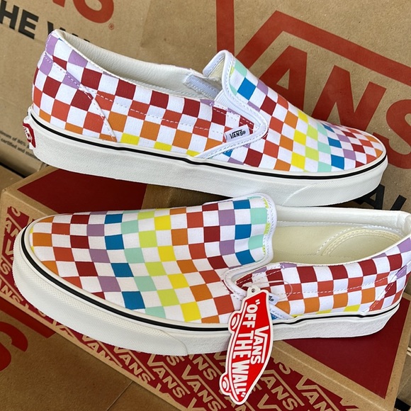 Vans Classic Slip On Checkerboard Rainbow/True White sneakers WMNS - Picture 11 of 16